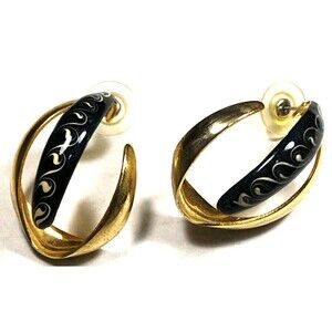 womens Black Enamel oval Hoop Earrings Gold Edge Accent Pierced classic fit
